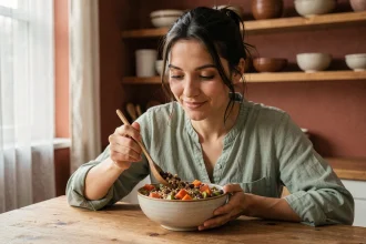 Femme mangeant un bol de légumineuses et céréales complètes riches en fibres alimentaires pour une satiété durable