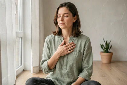 Femme pratiquant la cohérence cardiaque en posant une main sur son cœur, assise sur un plancher en bois dans un intérieur minimaliste calme
