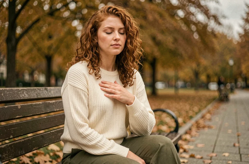 Jeune femme pratiquant la cohérence cardiaque sur un banc dans un parc en automne, main posée sur la poitrine pour réduire le stress