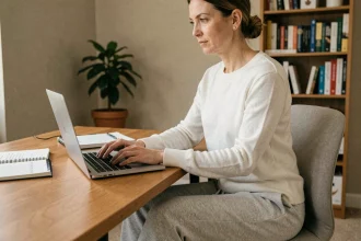 Femme assise sur un coussin orthopédique devant un ordinateur portable, prenant des notes sur la névralgie pudendale à son bureau à domicile