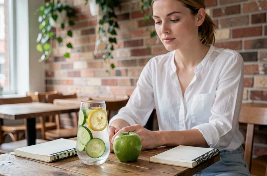Femme au café devant un verre d'eau infusée au citron et concombre symbolisant l'hydratation saine et la gestion du poids