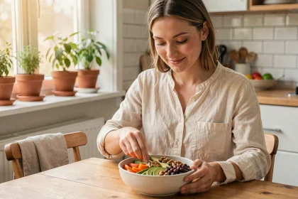 Femme enceinte préparant un bol nutritif avec des légumes frais, avocats et noix dans une cuisine moderne pendant la grossesse
