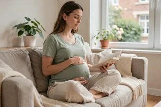 Femme enceinte de six mois lisant un livre sur la grossesse et les changements hormonaux dans un salon scandinave lumineux