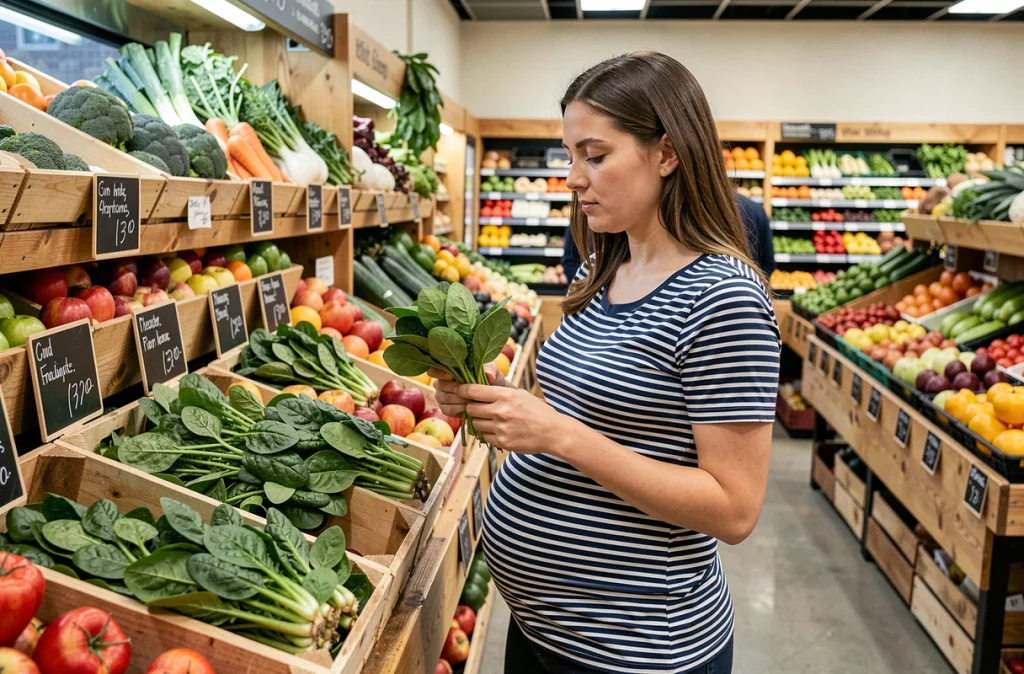 Femme enceinte choisissant des légumes frais et biologiques dans un marché pour une alimentation équilibrée durant la grossesse