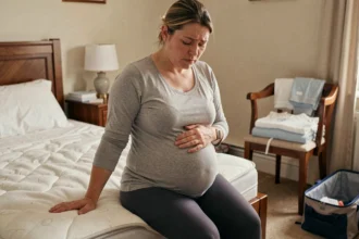 Femme enceinte en fin de grossesse assise sur son lit, main sur le ventre, sac de maternité prêt, en train d'évaluer si elle doit partir à la maternité
