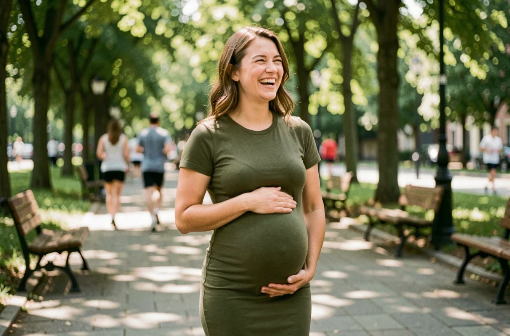 Femme enceinte du deuxième trimestre souriante dans un parc urbain verdoyant en robe de maternité