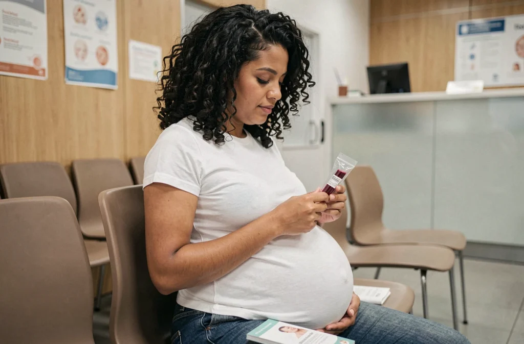 Femme enceinte en salle d'attente d'un laboratoire médical, tenant ses prélèvements sanguins pour des analyses prénatales