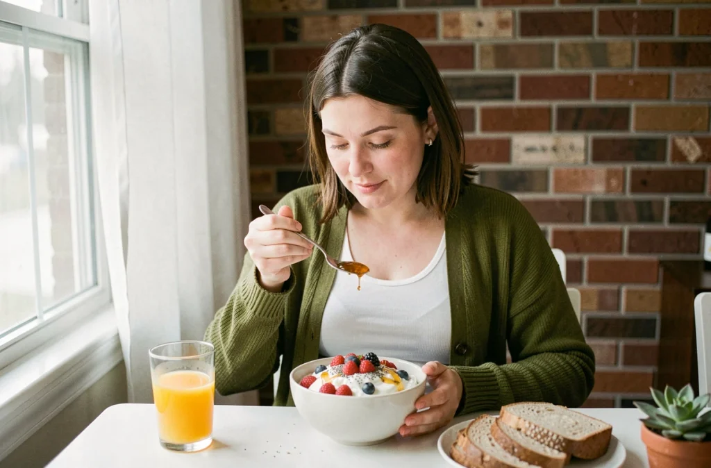 Femme enceinte savourant un petit-déjeuner équilibré avec yaourt, fruits rouges et pain complet pour une nutrition optimale pendant la grossesse