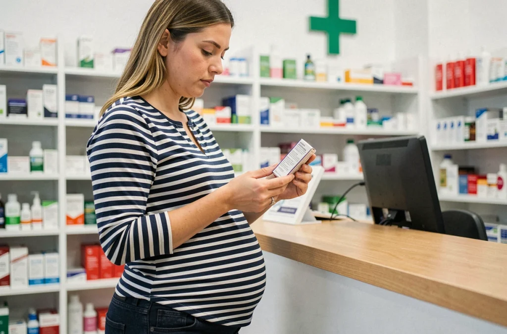 Femme enceinte en pharmacie lisant les instructions d'un remède naturel contre les nausées de grossesse