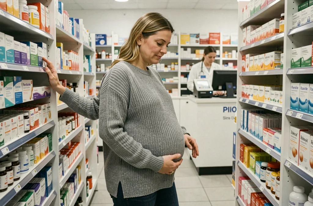 Femme enceinte de sept mois choisissant des vitamines prénatales en pharmacie pour accompagner les changements hormonaux de la grossesse