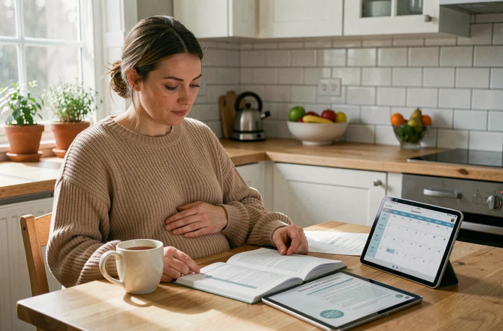 Femme enceinte sereine au deuxième trimestre consultant son plan de naissance et son carnet de suivi prénatal autour d'une tasse de tisane dans sa cuisine