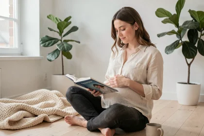 Femme enceinte du premier trimestre lisant un livre de grossesse dans un salon scandinave chaleureux