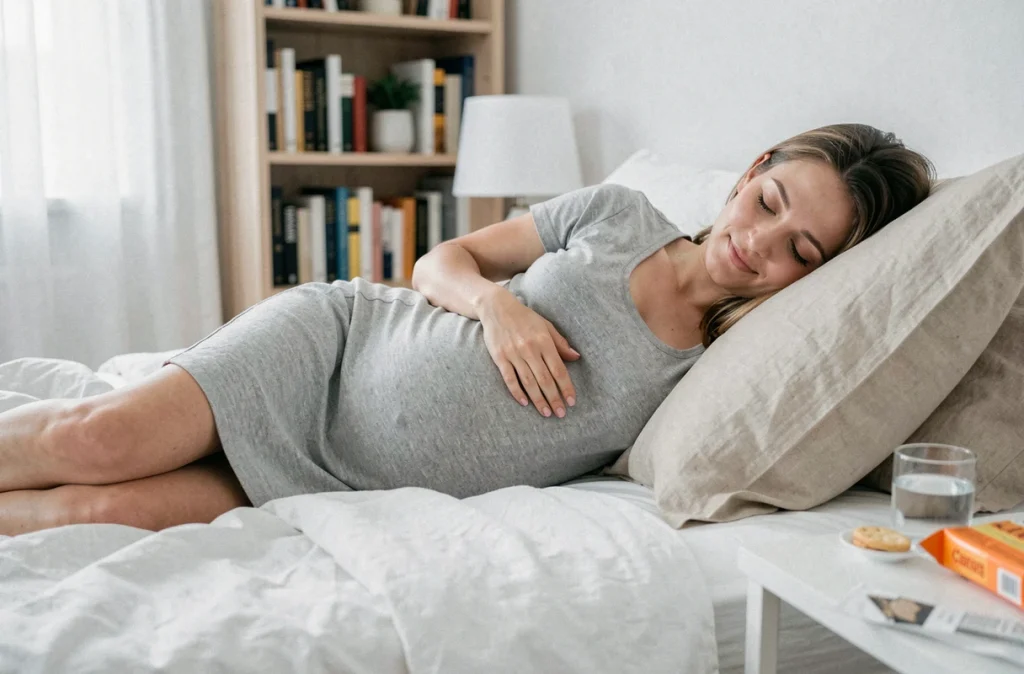 Femme enceinte allongée au repos avec des crackers sur la table de nuit pour calmer les nausées de grossesse