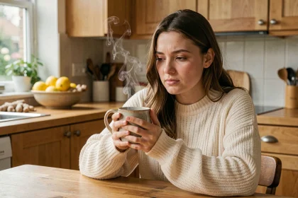 Femme enceinte en pull crème tenant une tasse de tisane au gingembre pour soulager les nausées matinales