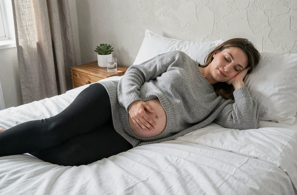 Femme enceinte du troisième trimestre se reposant paisiblement sur un lit blanc dans une chambre minimaliste