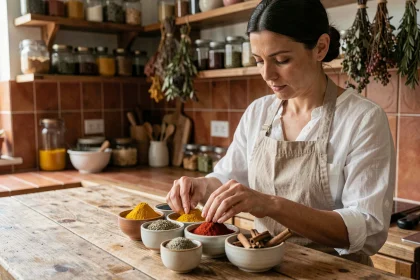 Femme arrangeant des bols d'épices colorées sur un comptoir de cuisine en bois pour stimuler le métabolisme naturellement