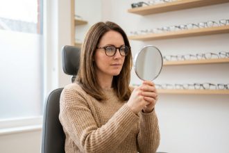 Femme essayant des lunettes chez un opticien à Saint-Clément-de-Rivière dans un espace moderne et lumineux