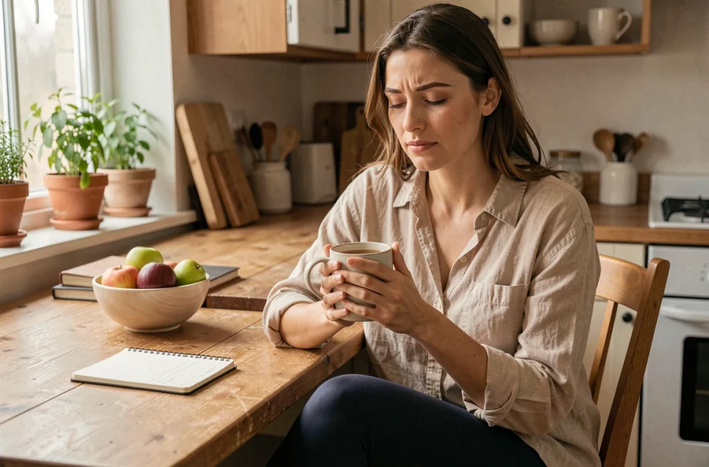 Femme fatiguée tenant une tasse de thé à la cuisine, symptôme de fatigue en début de grossesse