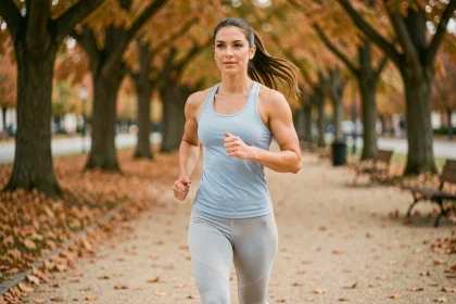 Femme faisant du jogging dans un parc urbain en automne pour intégrer l'activité physique modérée dans sa routine minceur
