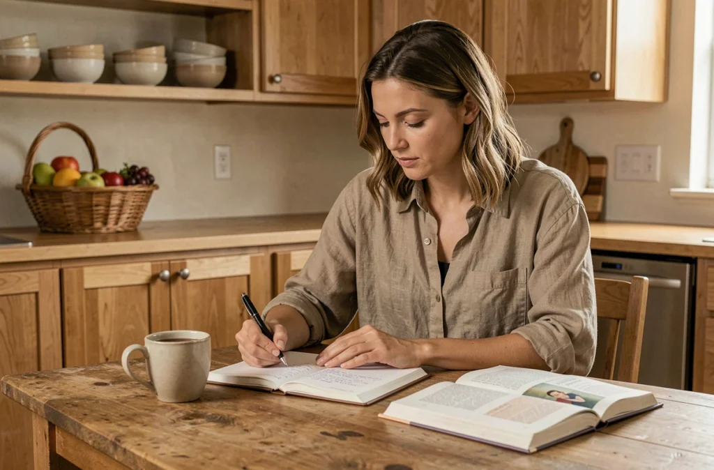 Jeune femme consultant un journal de bien-être et un livre de nutrition à une table en bois, symbolisant une approche équilibrée du calcul du poids idéal