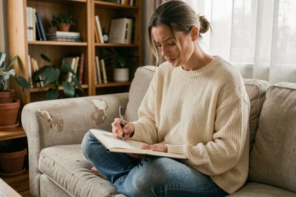 Femme écrivant dans un journal intime posé sur ses genoux, assise sur un canapé en lin dans un intérieur chaleureux et apaisant