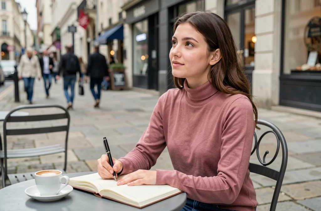 Jeune femme en train d'écrire dans son journal personnel à la terrasse d'un café en ville, expression sereine et pensive