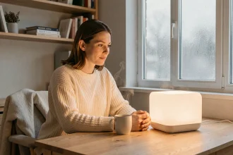 Femme utilisant une lampe de luminothérapie à son bureau en hiver pour améliorer son moral