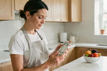 Femme lisant les informations nutritionnelles sur un yaourt pour identifier les sucres cachés dans sa cuisine moderne