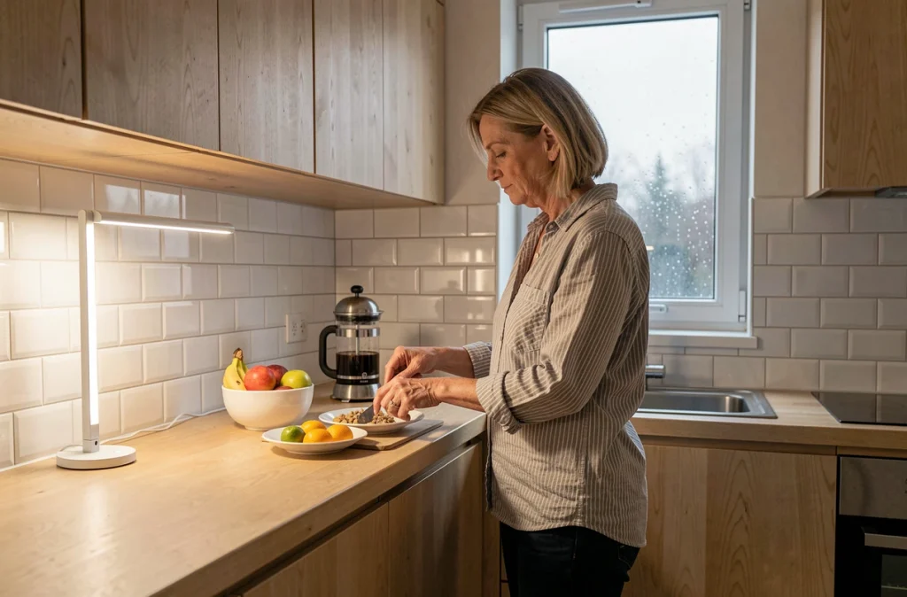 Femme utilisant une lampe de luminothérapie dans sa cuisine lors d'une matinée hivernale nuageuse
