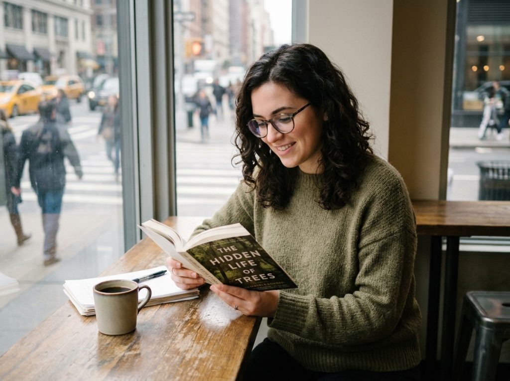 Jeune femme portant ses nouvelles lunettes correctrices et lisant dans un café, profitant d'une vision améliorée au quotidien