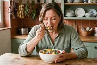 Femme mangeant lentement une salade colorée dans une cuisine chaleureuse, pratiquant l'alimentation consciente