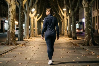 Femme marchant seule sur une allée urbaine arborée la nuit, illustrant les bienfaits de la marche nocturne pour le sommeil