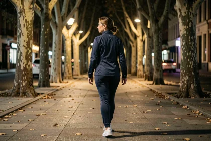 Femme marchant seule sur une allée urbaine arborée la nuit, illustrant les bienfaits de la marche nocturne pour le sommeil