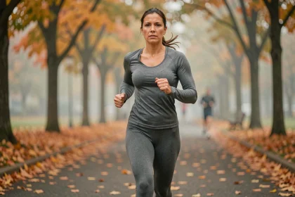 Femme de 38 ans pratiquant la marche rapide dans un parc urbain en automne pour perdre du poids