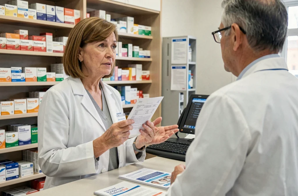 Femme interrogeant un pharmacien sur un bilan hépatique prescrit suite à un gamma GT élevé à la pharmacie
