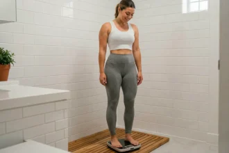 Femme détendue debout sur un pèse-personne dans une salle de bain minimaliste, illustrant une approche sereine du suivi du poids idéal
