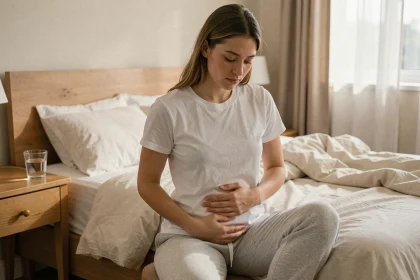 Jeune femme assise sur un lit tenant son ventre, signe précoce de grossesse