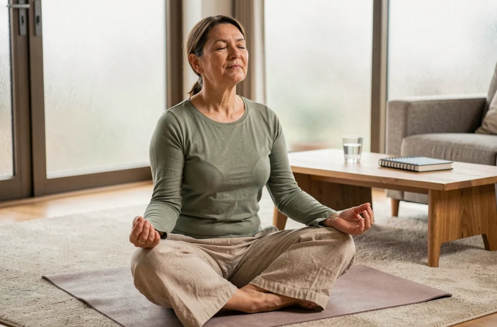Femme pratiquant la relaxation et la pleine conscience sur un tapis de yoga chez elle dans le cadre d'une rééducation contre la douleur chronique du nerf pudendal