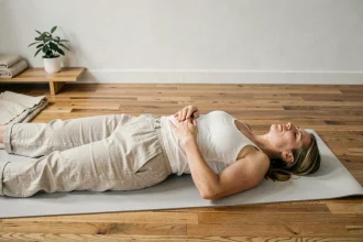 Femme pratiquant la respiration abdominale allongée sur un tapis de yoga dans un salon minimaliste pour se détendre après une journée de travail