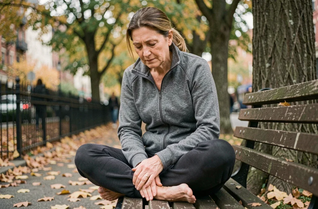 Femme d'âge mûr assise sur un banc dans un parc urbain pratiquant la respiration diaphragmatique pour relâcher les tensions musculaires en fin de journée