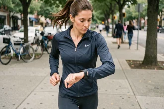 Femme qui court en ville et consulte sa montre connectée pour compter ses pas au kilomètre