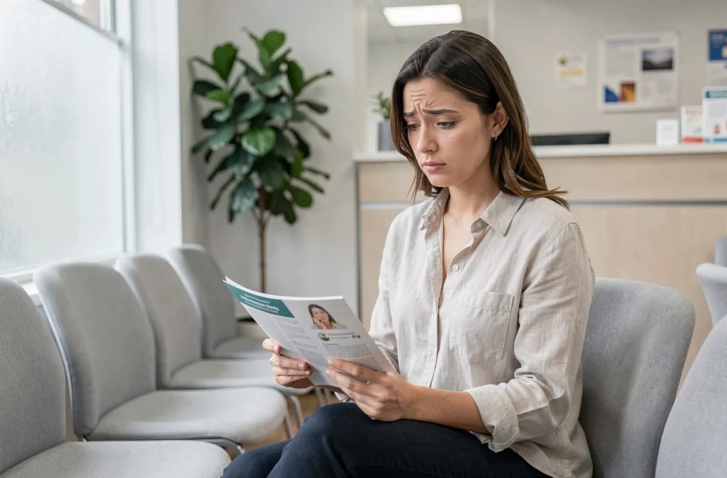 Femme attendant son rendez-vous gynécologique dans une salle d'attente médicale, tenant une brochure sur la santé féminine