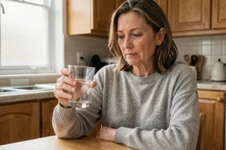 Femme de 45 ans tenant un verre d'eau avec un comprimé effervescent de corticoïde type Solupred en train de se dissoudre, assise dans une cuisine chaleureuse