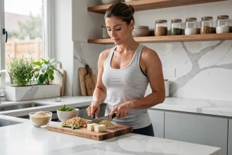Femme sportive préparant un repas riche en protéines végétales dans une cuisine moderne avec pois chiches, quinoa et tofu