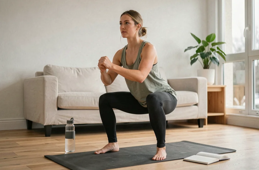 Femme jeune réalisant des squats sur un tapis de yoga à domicile dans le cadre d'une routine sportive modérée pour mincir