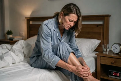 Femme souffrant du syndrome des jambes sans repos assise sur le bord de son lit la nuit en se frottant les mollets