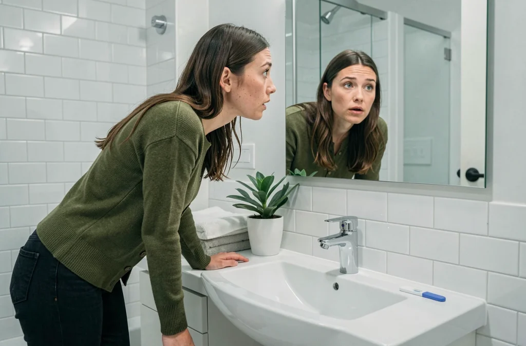 Femme dans une salle de bain regardant un test de grossesse positif avec surprise