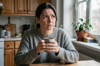 Femme atteinte de troubles bipolaires regardant par la fenêtre avec une expression de fatigue émotionnelle et d'introspection profonde