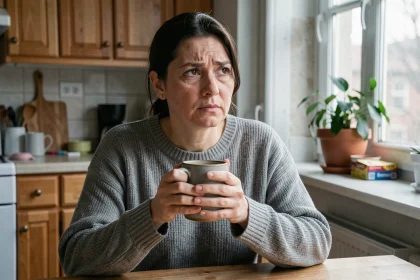 Femme atteinte de troubles bipolaires regardant par la fenêtre avec une expression de fatigue émotionnelle et d'introspection profonde