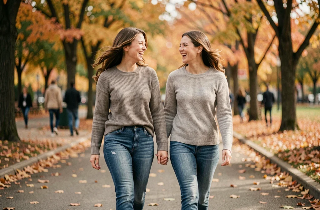 Deux femmes aux morphologies différentes marchant et riant dans un parc en automne, illustrant la body positivity et une vision saine du poids idéal